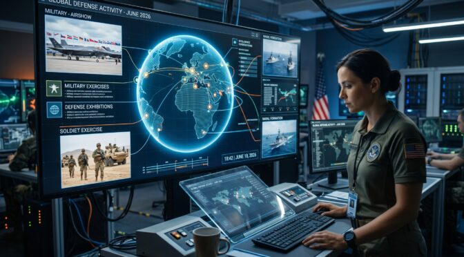 Woman in military uniform monitors global defense activity on large screen.