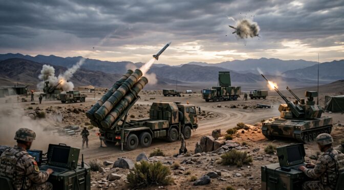Military missile launch in a desert landscape at dusk