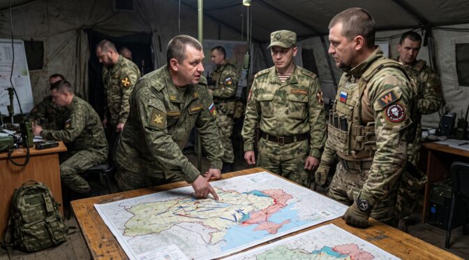 Military officers review map in tent