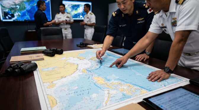 Military officers review a nautical chart of the South China Sea on a table.