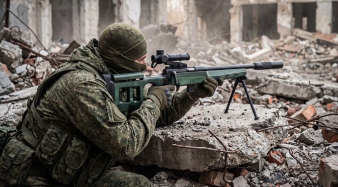 Military sniper with a green sniper rifle in ruins
