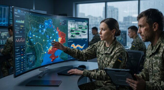 Military personnel analyze a large curved monitor displaying a tactical map with data overlays.