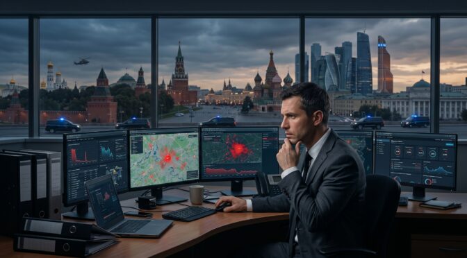 Man in suit at desk with multiple monitors showing city map data and Moscow skyline.