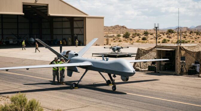 Military personnel inspect a MQ-9 Reaper drone on an airfield with a hangar and desert landscape.