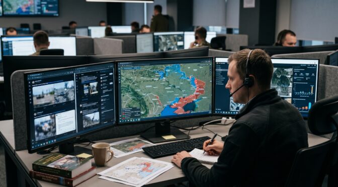 Man in headset analyzes map on multiple computer screens in operations center.