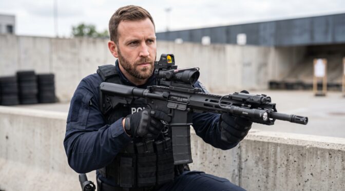 Police officer aims rifle with optic and flashlight attachment.