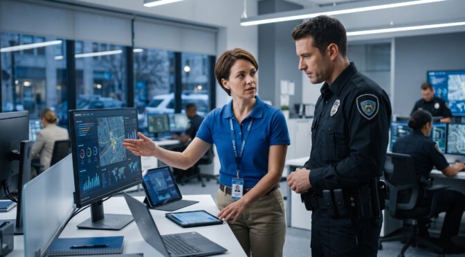 Police officer and analyst review crime data on a large monitor in a command center.