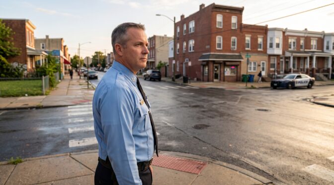 Police officer stands on a street corner in a residential neighborhood at sunset.