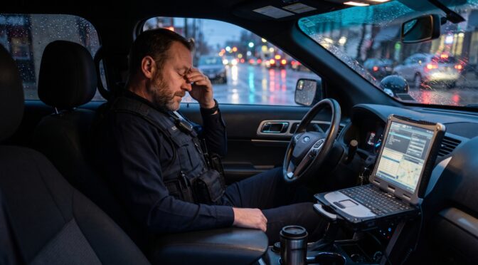 Police officer in uniform resting in a patrol car with a laptop