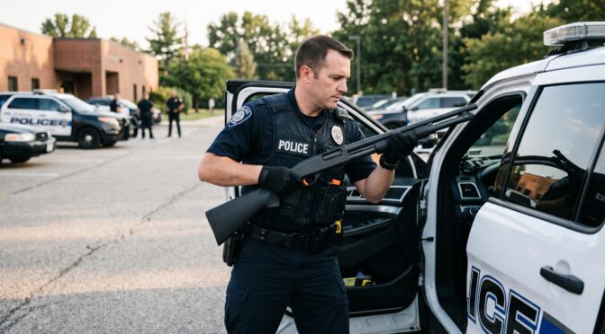 Police officer holding a shotgun in front of a police vehicle