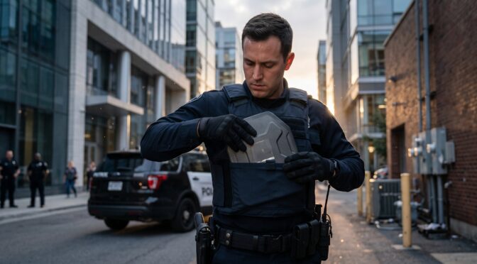 Police officer inserts ballistic plate into tactical vest