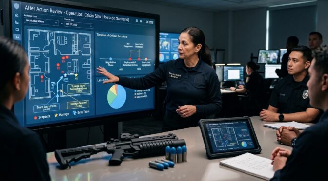 Police team analyzing a hostage scenario simulation on a monitor