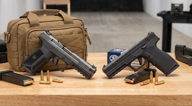 Ruger pistols and ammunition on a wooden table at a shooting range