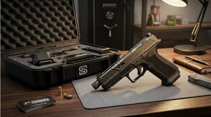 Shadow Systems pistol in a case with cleaning tools and ammunition on a desk.
