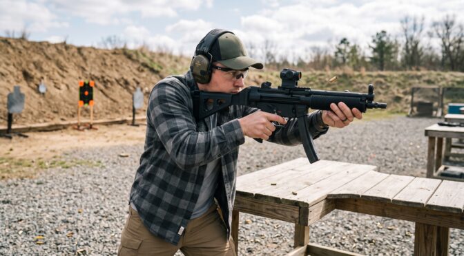 man wearing ear protection shooting a rifle at a shooting range