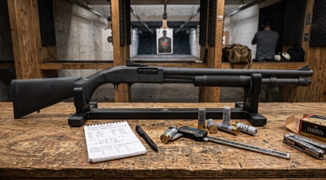 Shotgun and ammunition on a wooden table with a notebook and tools