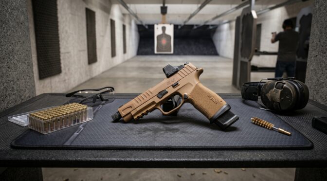 Tan SIG Sauer P320 X5 Legion handgun with red dot sight at a gun range.