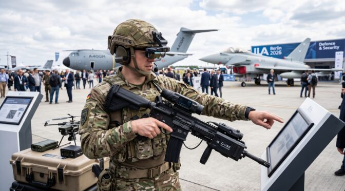 Soldier in camouflage points to touchscreen display at defense expo with aircraft in background.