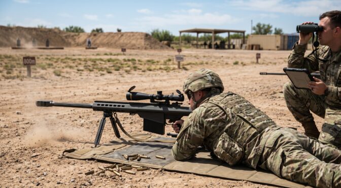Soldiers practice long-range rifle shooting at an outdoor desert range.