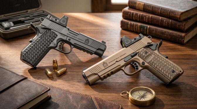 Springfield Armory 1911 pistols with red dot sights and ammunition on a wooden table.