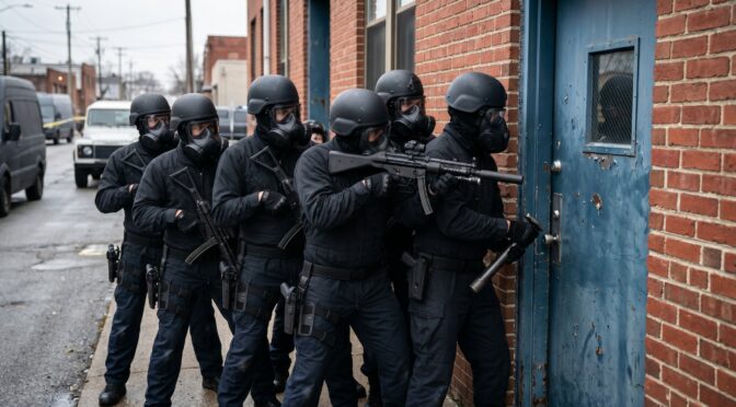 SWAT team in tactical gear and gas masks breaches a blue door on a brick building.