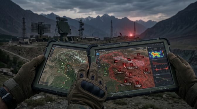 Soldier views tactical map on rugged tablets in mountainous terrain with radar installations.