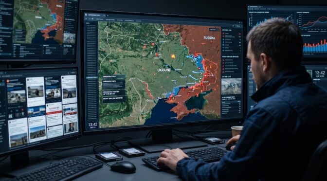 Analyst monitors Ukraine conflict map on multiple screens in a dark command center.