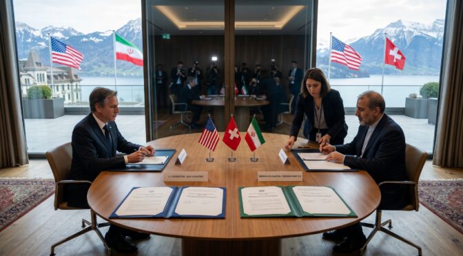 U.S. and Iran delegations signing documents in Switzerland with flags present