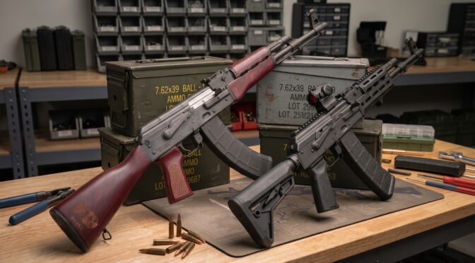 Two AK-pattern rifles, one wood-stocked, one modern, with ammo cans on a workbench.