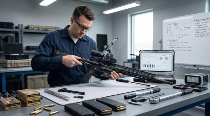 Man in safety glasses inspects an AR-15 rifle on a workbench with tools and ammunition.