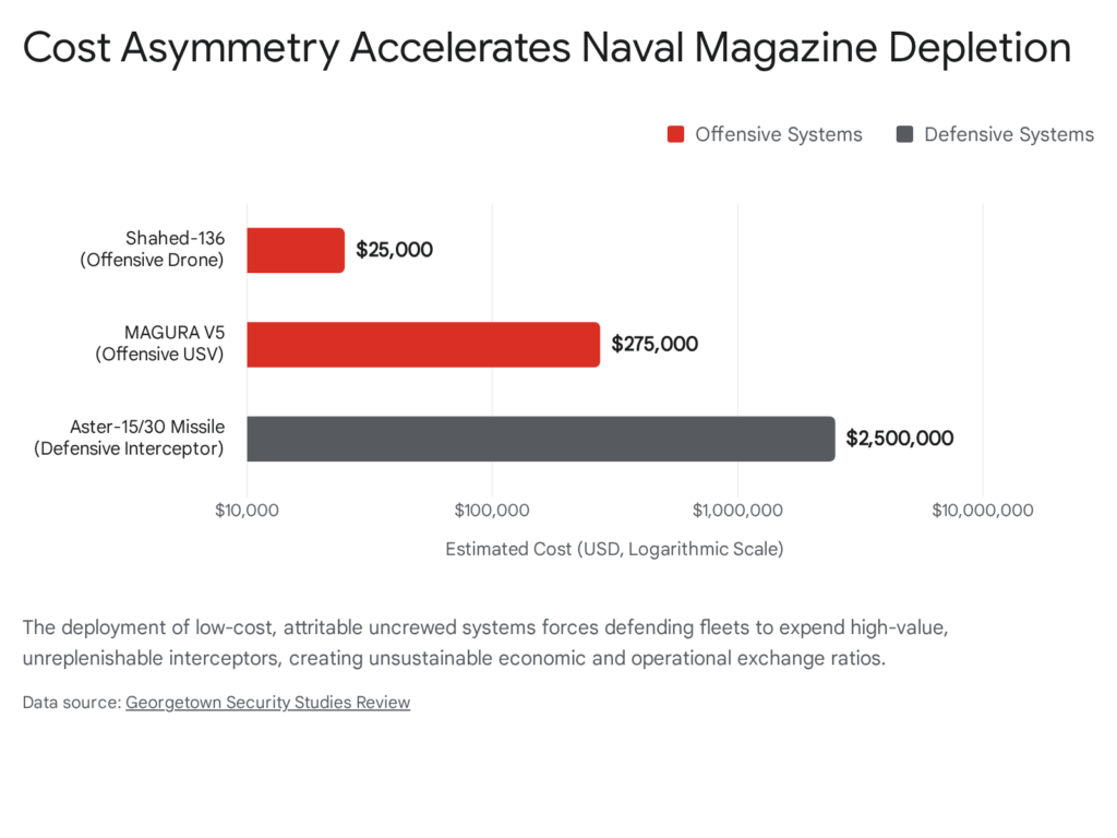 Bar chart illustrating cost asymmetry accelerating naval magazine depletion