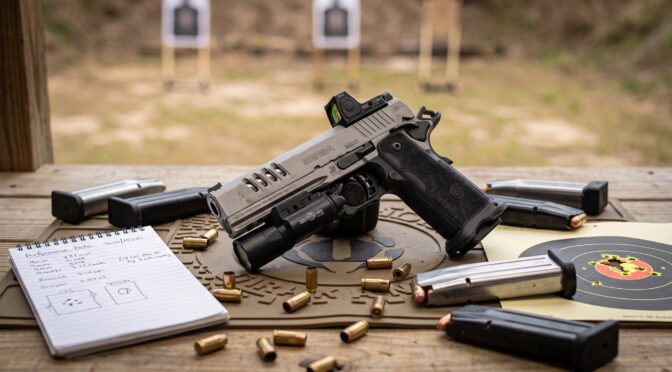 Bersa 1911 pistol with red dot sight and accessories on a shooting range table.