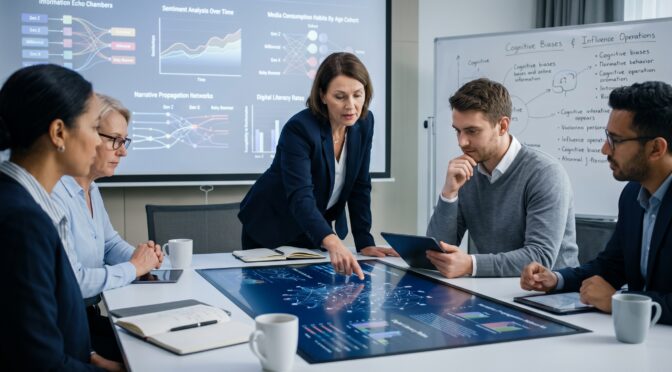Business team analyzing data on interactive screen and projected charts.