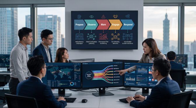 Business team analyzing data on monitors and a large screen displaying a workflow diagram.