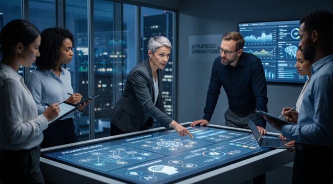 Diverse team collaborates around a futuristic interactive display showing data and strategy diagrams.
