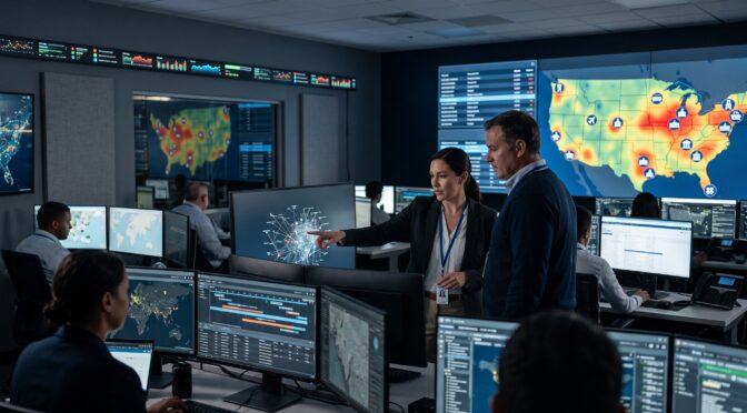 Team analyzes data on large screens in a modern command center.