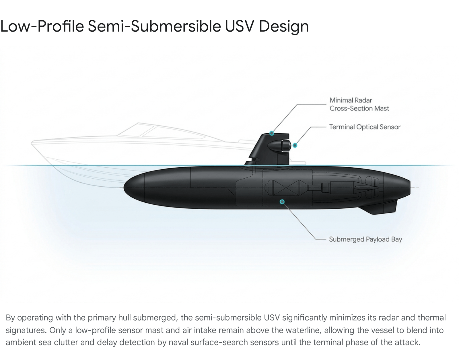 Diagram of an autonomous military submarine with detailed information