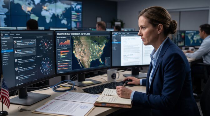 Woman in suit analyzes domestic threat data on multiple computer screens.