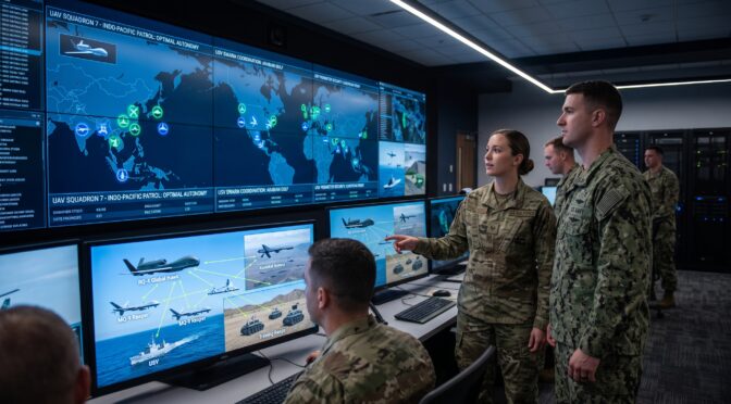 US Air Force and Navy personnel in a command center monitoring drone operations on a large screen.