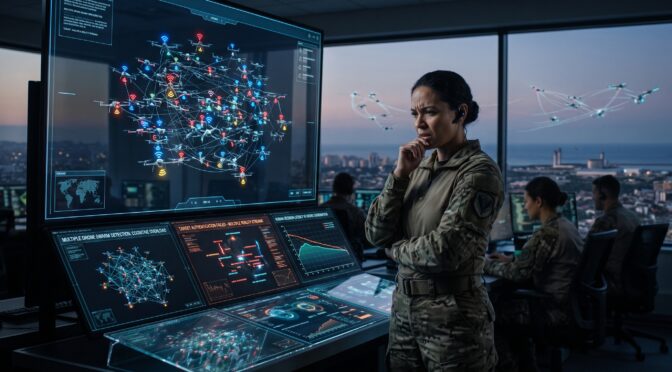 Military personnel analyze drone swarm data on a large screen in a control room.