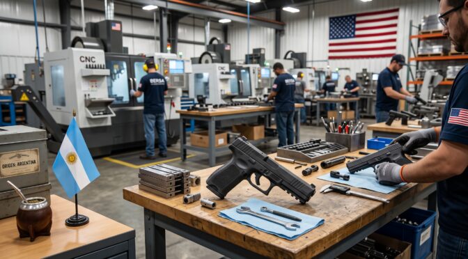 Workers in a factory assemble firearms next to an American flag.