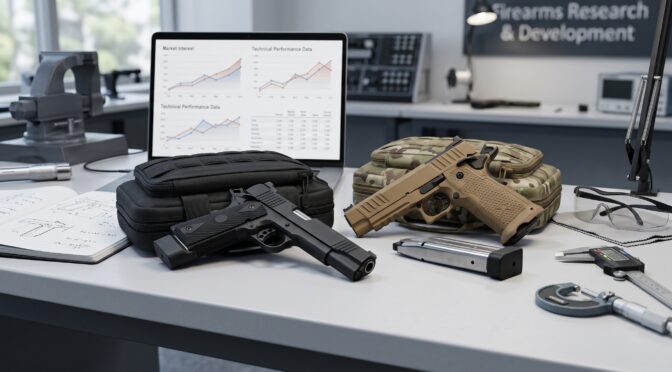 Two handguns, a laptop displaying charts, and firearm research equipment on a lab bench.