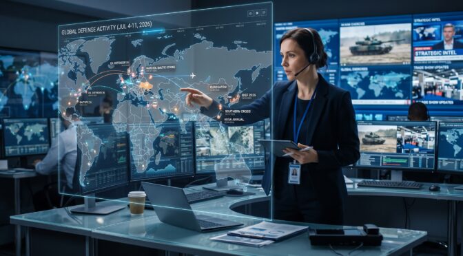 Woman in dark suit points at global defense activity map on holographic display in command center.