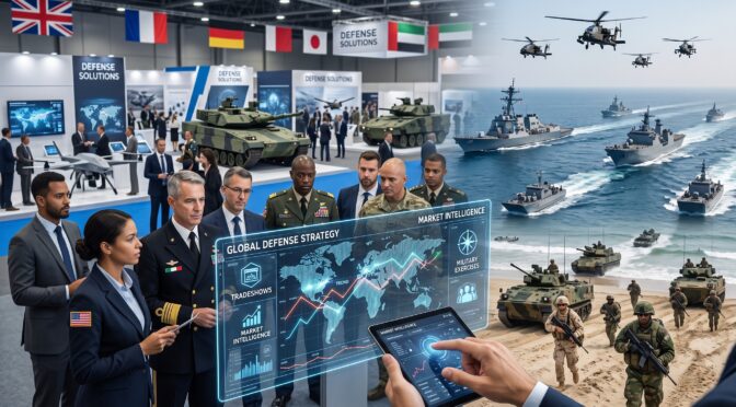 Global Defense Strategy: military tech, tanks, helicopters, ships, and executives at expo