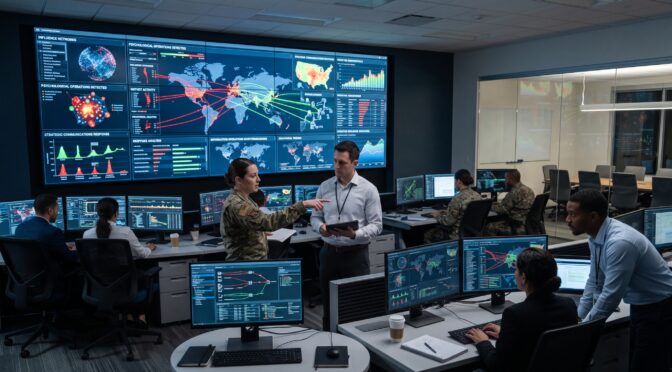 Military and civilian personnel analyze global threat data on a large digital display.