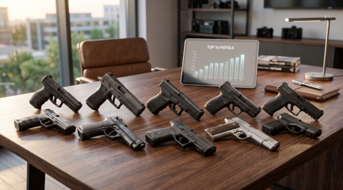 Collection of handguns on a wooden desk with a tablet showing a bar graph.