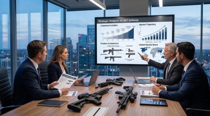 LMT Defense team analyzes corporate evolution and market trajectory on screen.