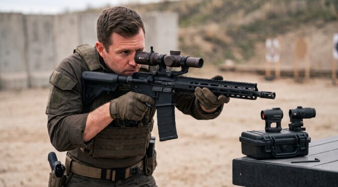 Man in tactical gear aims an AR-15 rifle with a scope at an outdoor shooting range.