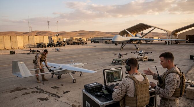 Marines operate drones and a large UAV on an airfield at sunset.