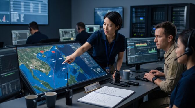 Team monitors maritime operations on a large interactive display in a control room.
